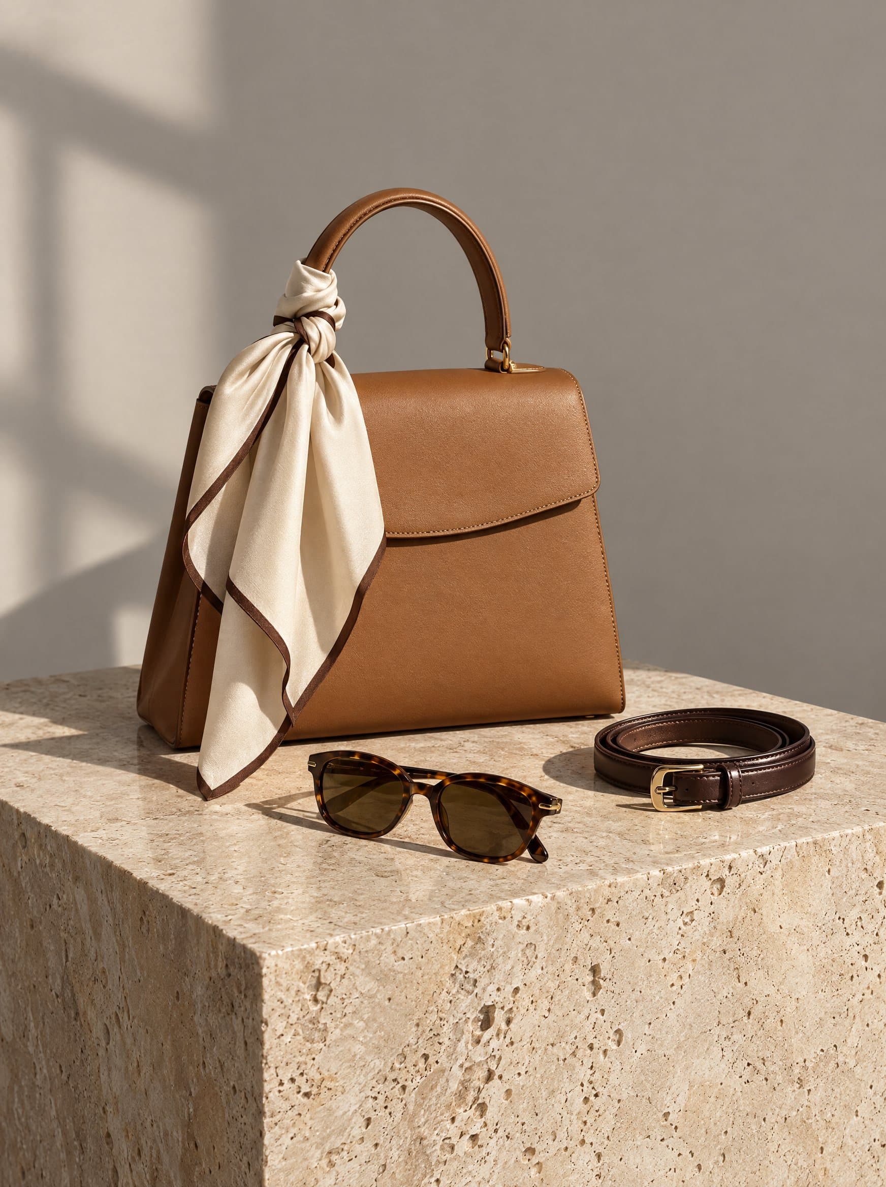 A silk scarf knotted on a tan leather bag with sunglasses and a belt