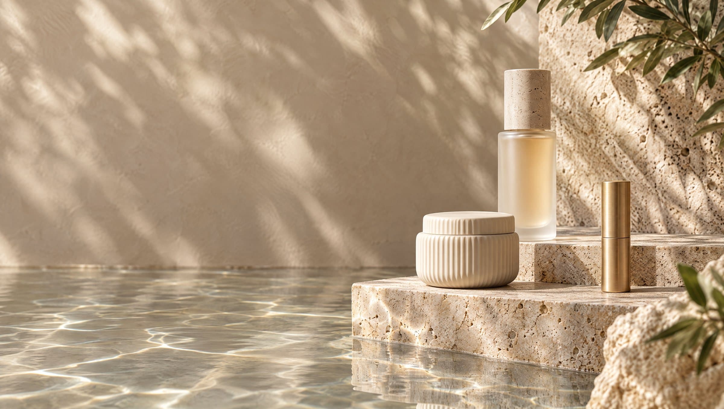 A serum bottle, cream jar and gold lipstick on travertine beside still water