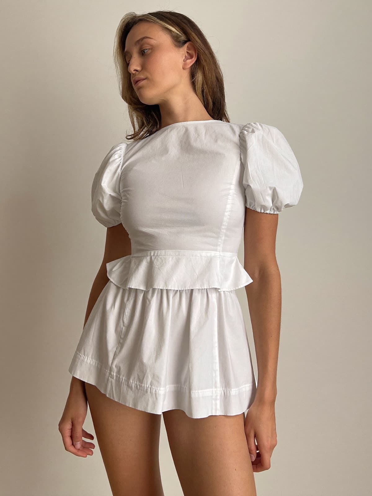 Agnès Peplum Top in White, front view
