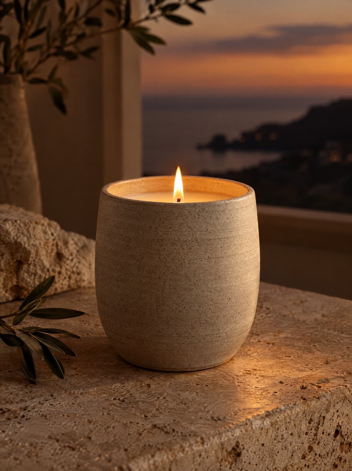 Amber Moss Candle lit at dusk