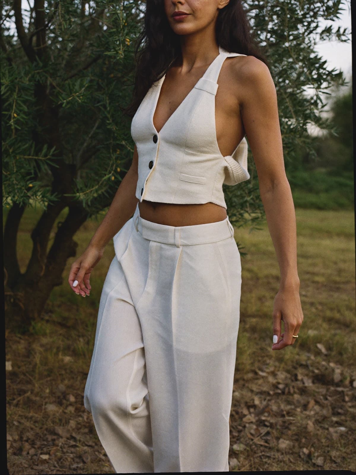 Bela Linen Trouser in White, worn on location