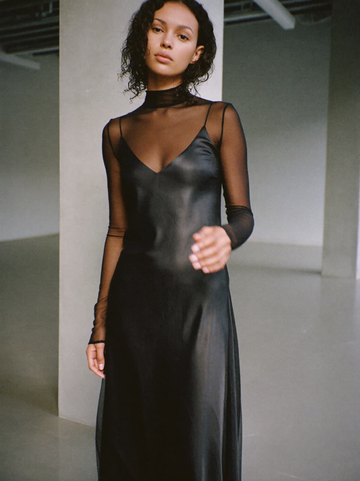 Bibi Mesh Top in Black, worn on location