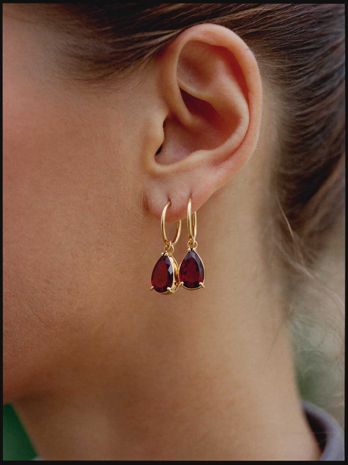 Cassis Garnet Drops in Yellow Gold, worn
