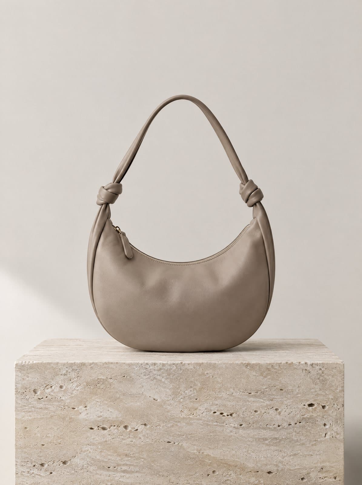 Célie Crescent Bag in Taupe, front view