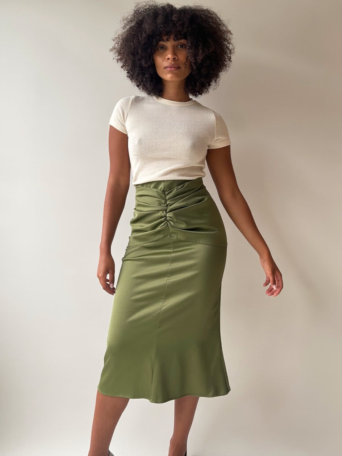 Clio Bias Skirt in Olive, front view