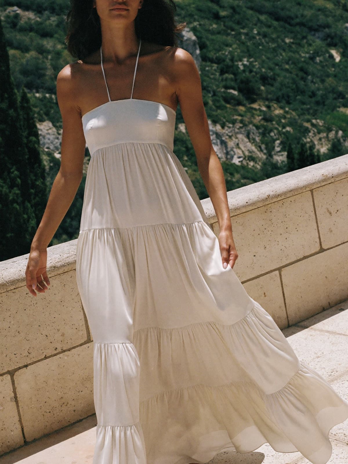 Cosima Tiered Maxi in Ivory, worn on location
