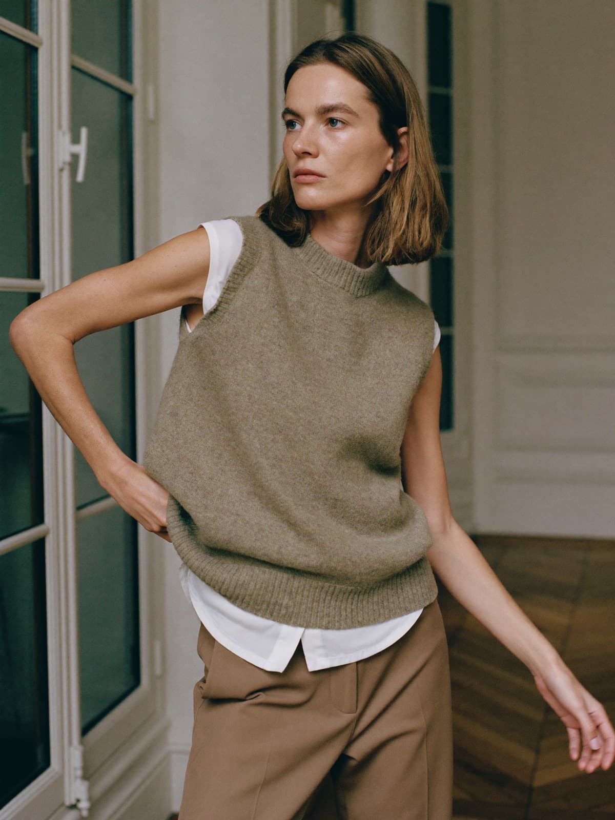 Esmé Cashmere Vest in Oat, worn on location