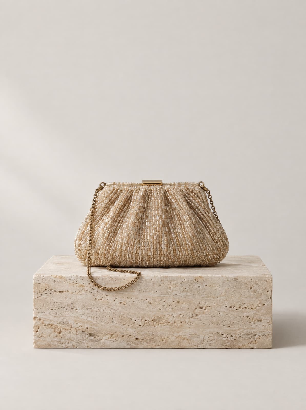 Etta Beaded Pouch in Champagne, front view