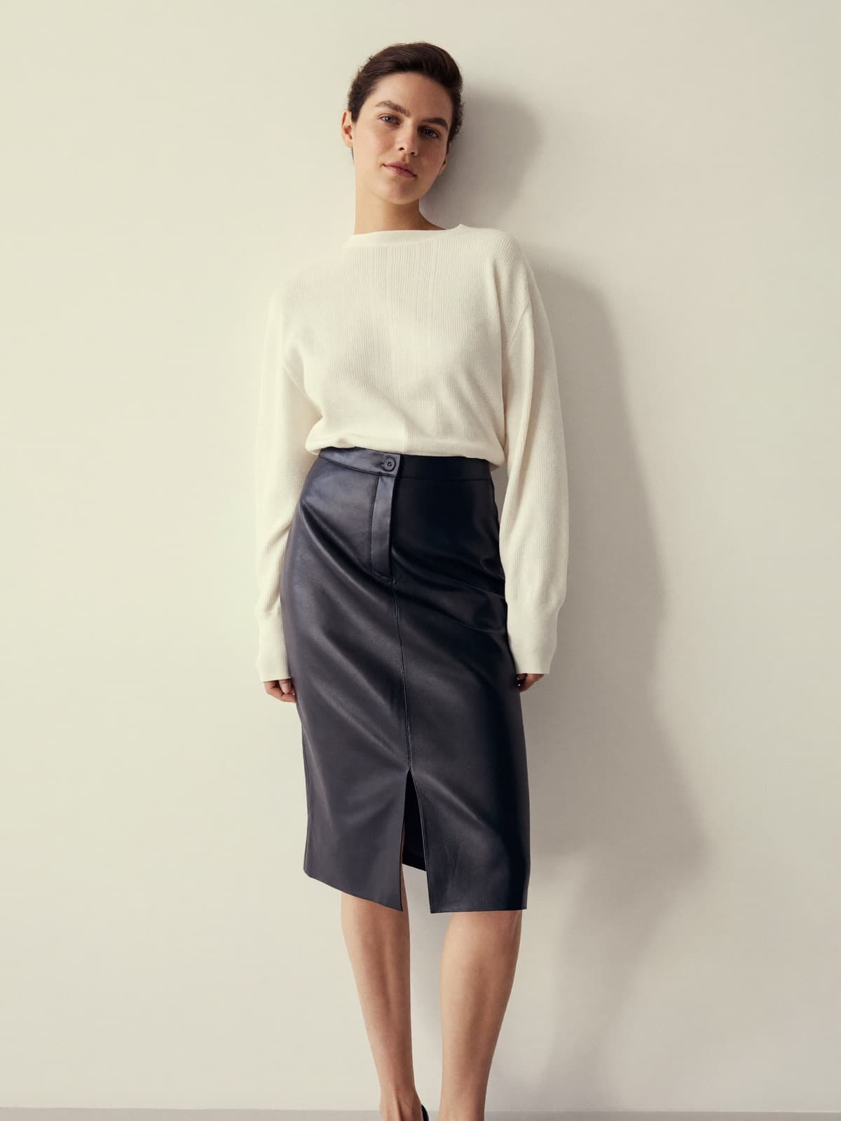 Faye Leather Skirt in Black, front view