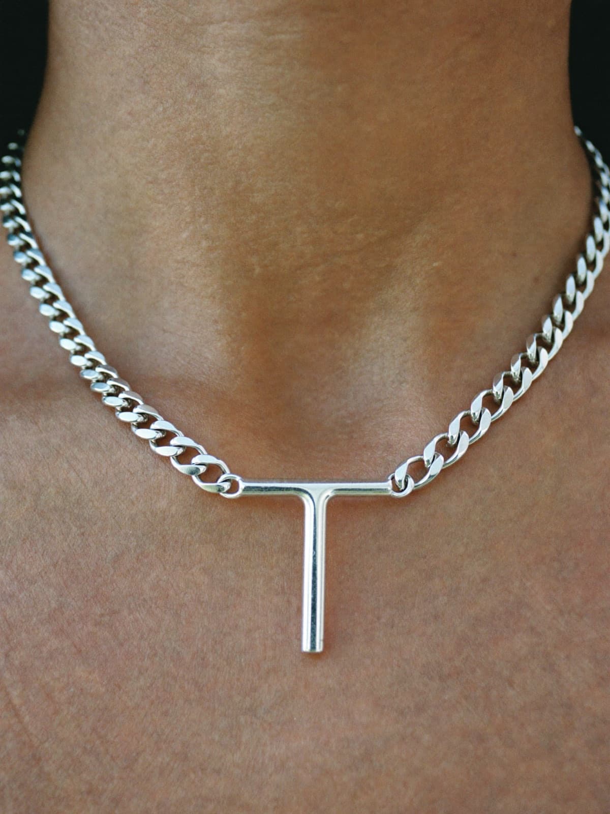 Fern T-Bar Necklace in Silver, worn