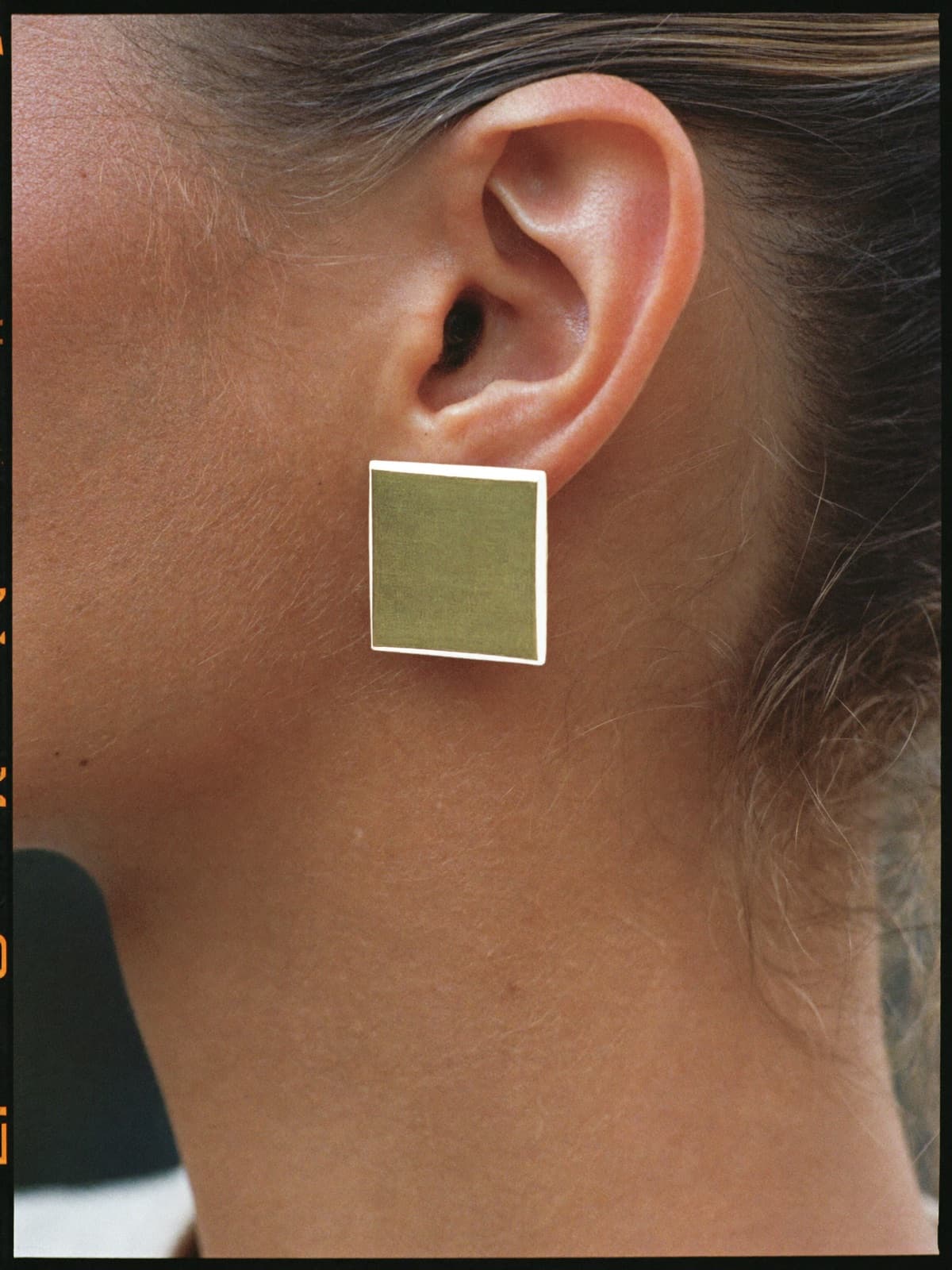 Flint Square Studs in Gold, worn