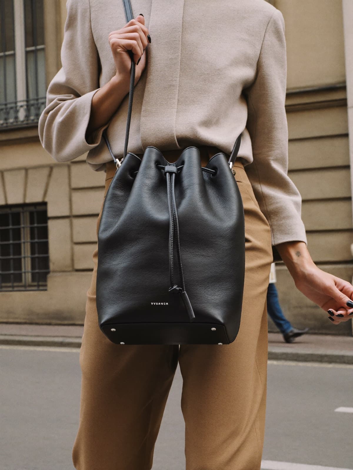 Freya Bucket Bag in Black, carried