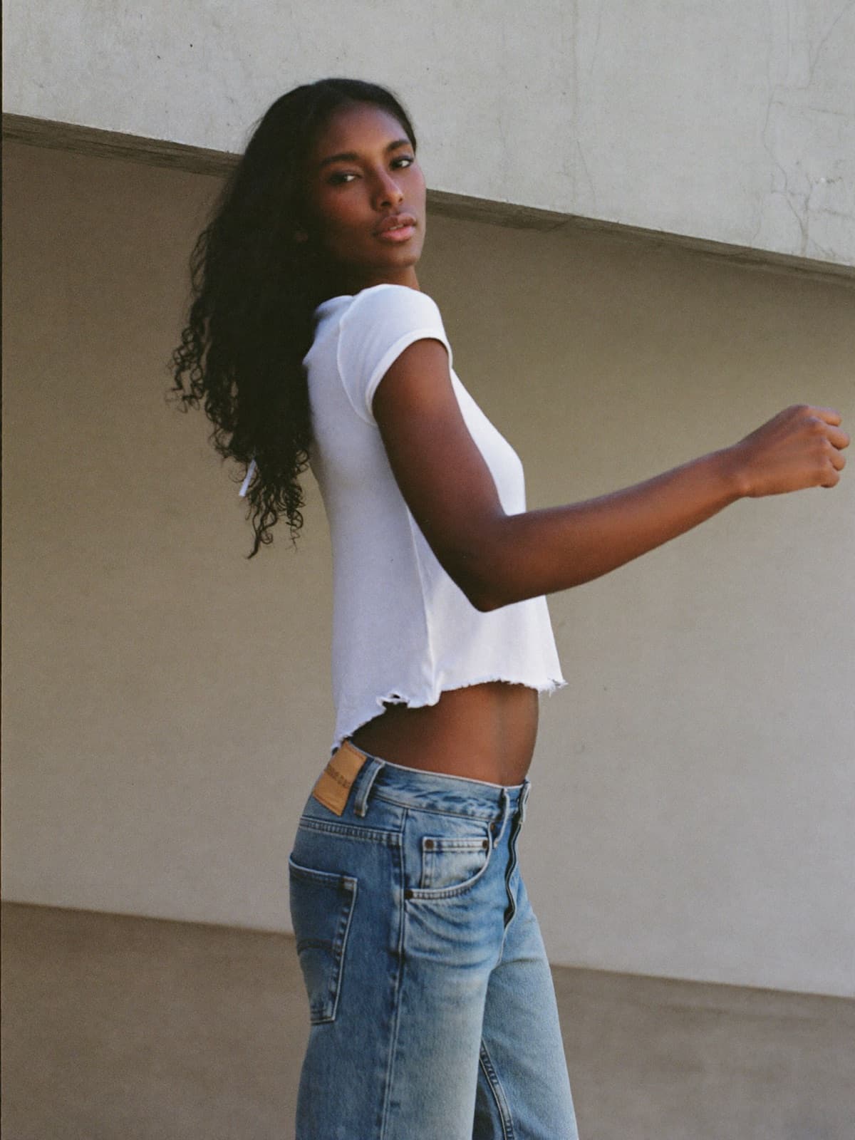 Frida Baby Tee in White, worn on location