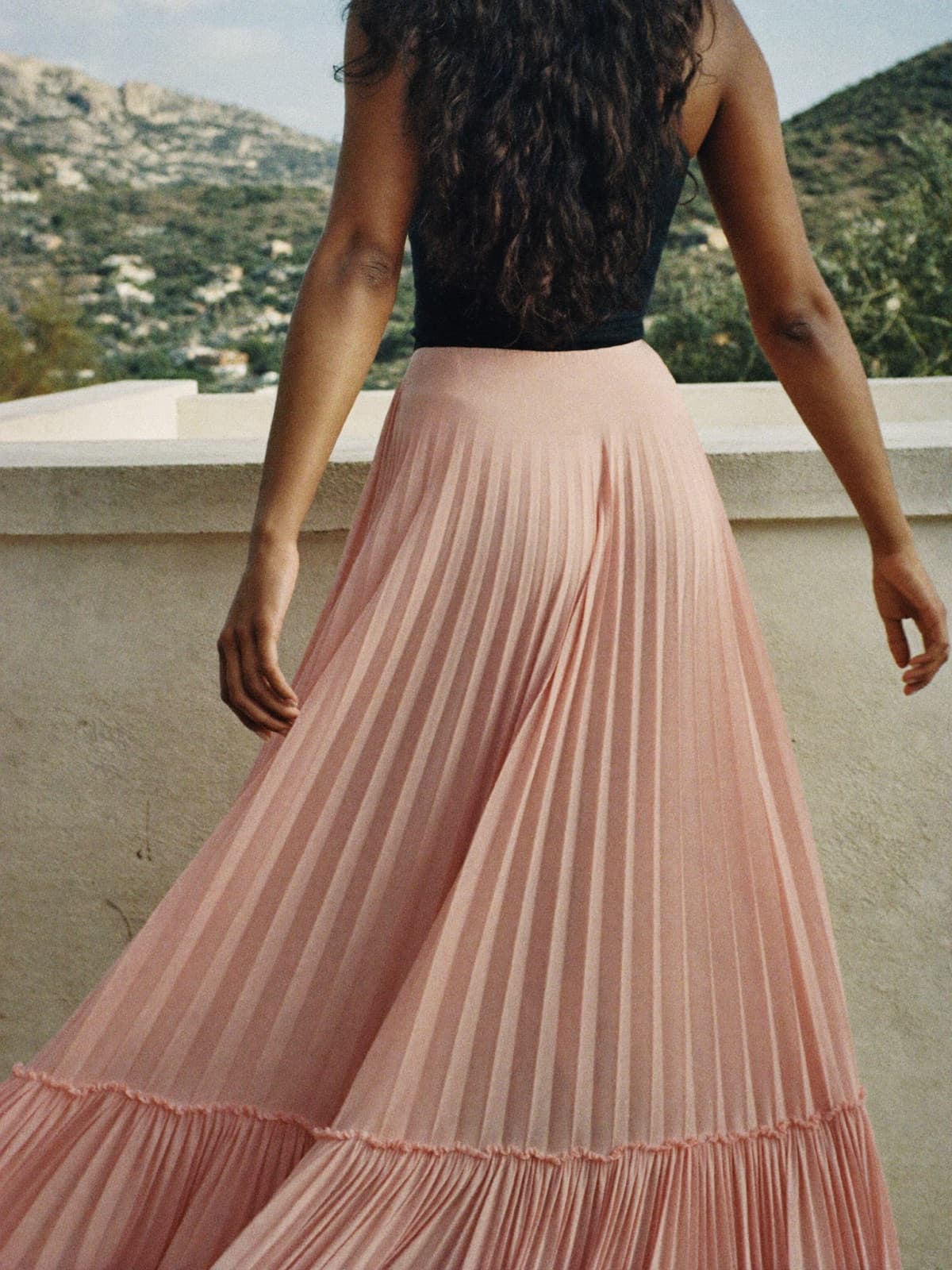 Greer Chiffon Skirt in Blush, worn on location