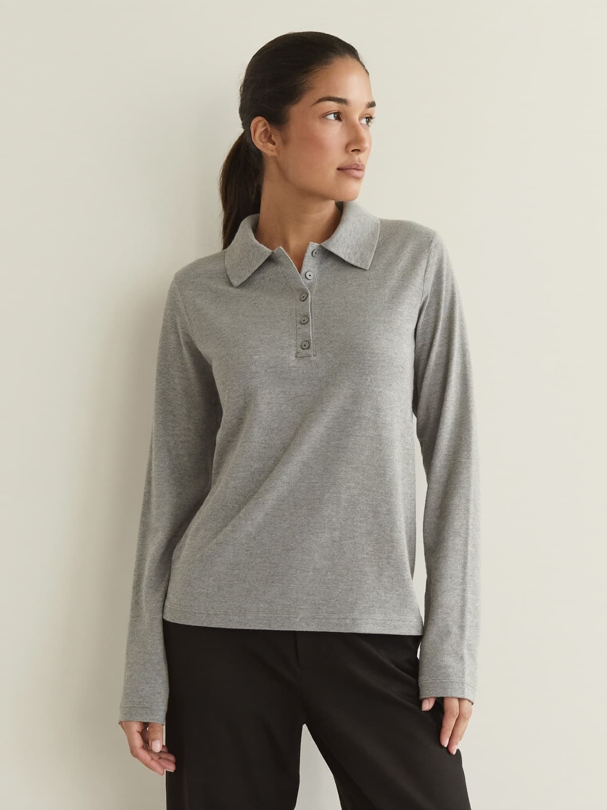 Greta Polo Tee in Grey Marl, front view