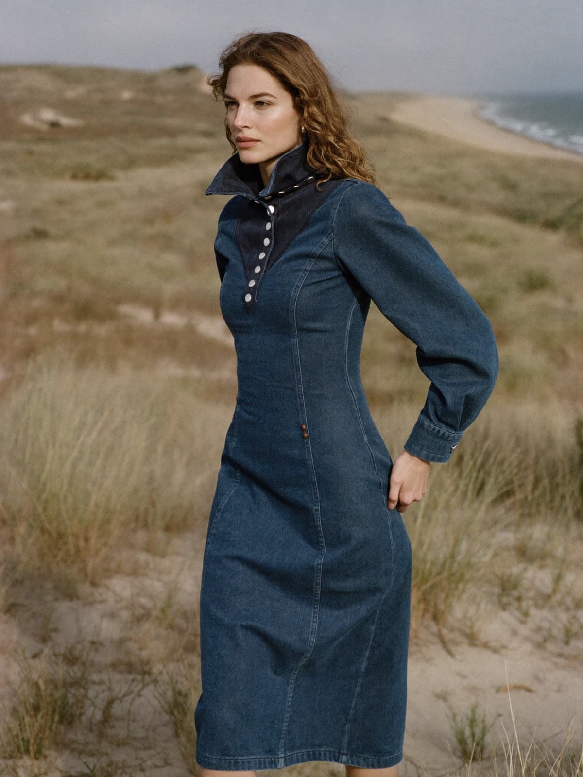 Hedda Denim Dress in Vintage Indigo, worn on location