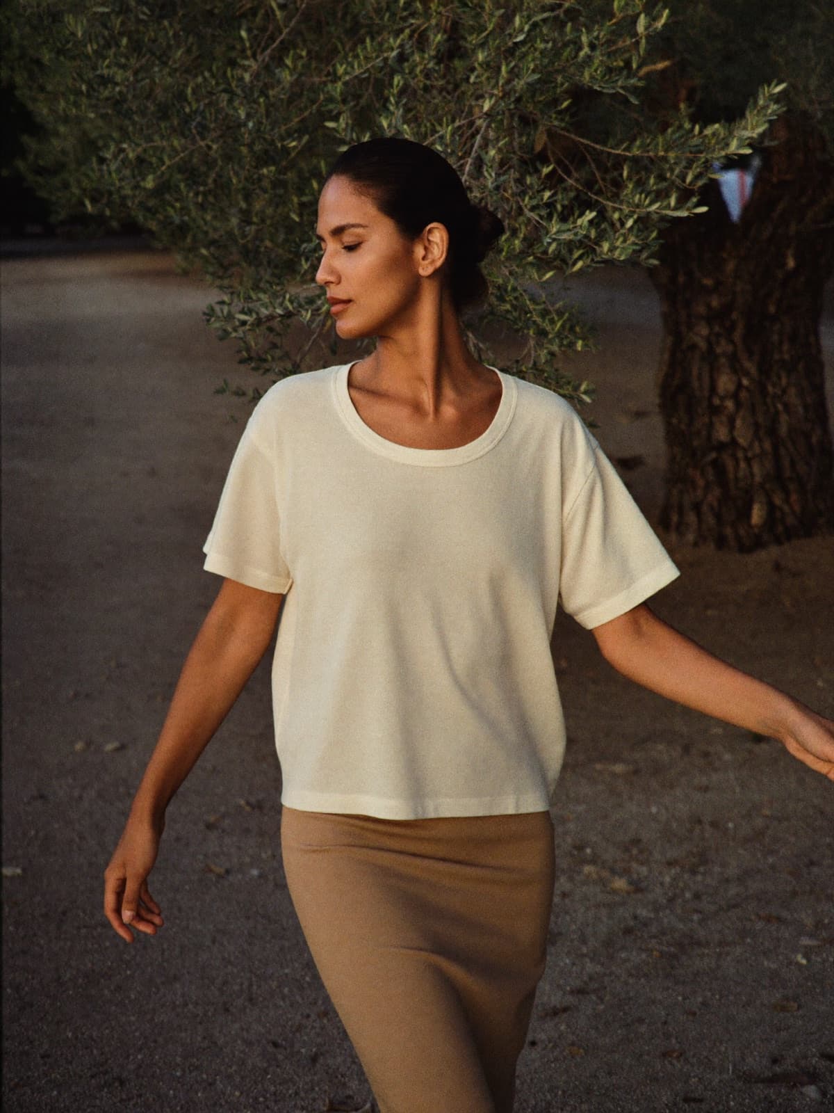 Inès Scoop Tee in Ivory, worn on location