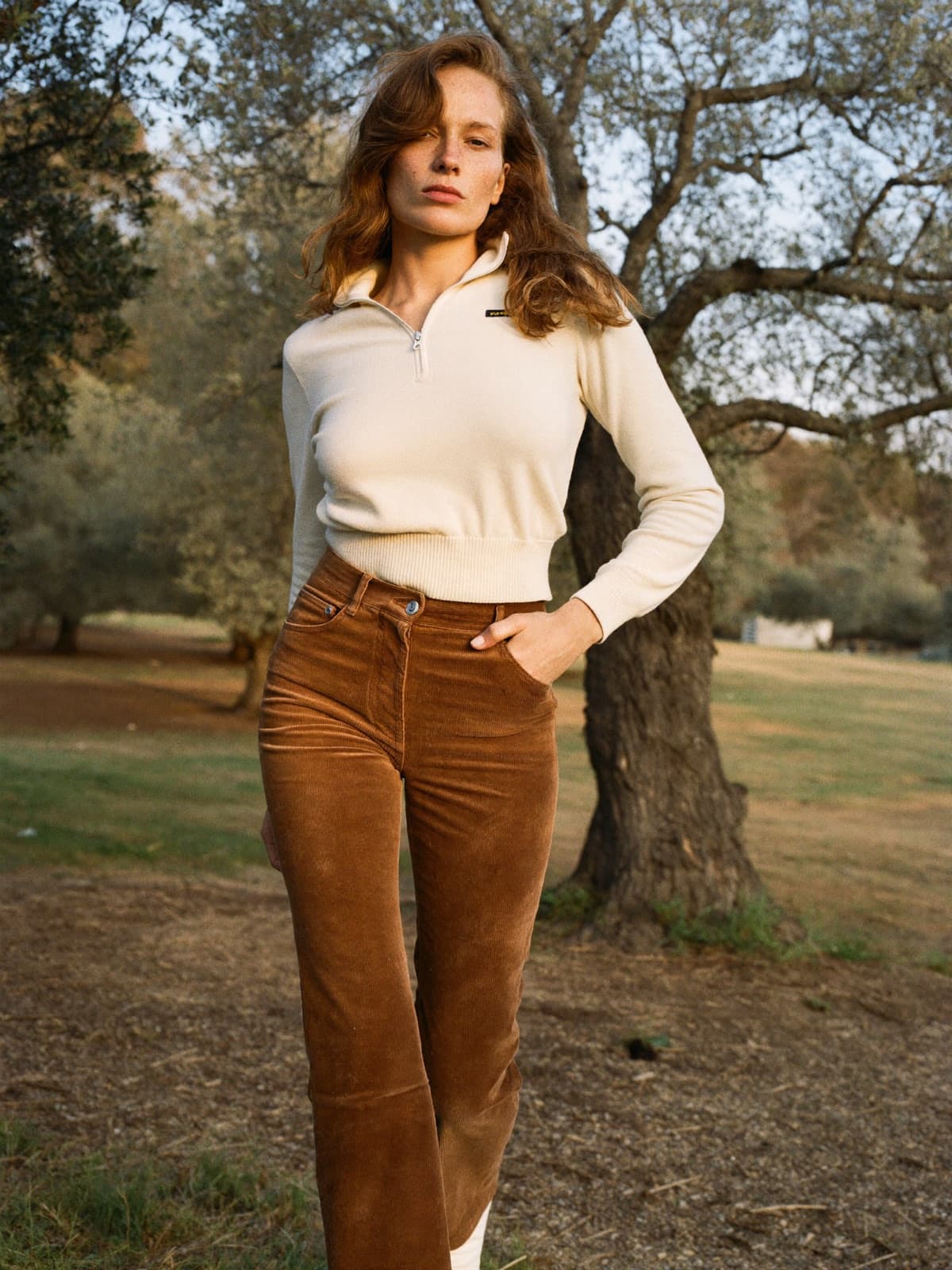 Ingrid Cord Trouser in Cognac, worn on location