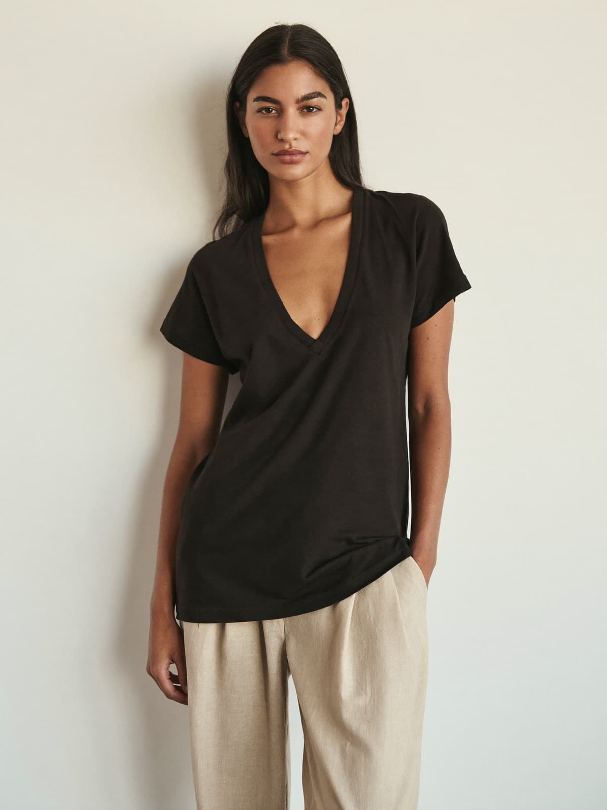 Jo V-Neck Tee in Black, front view