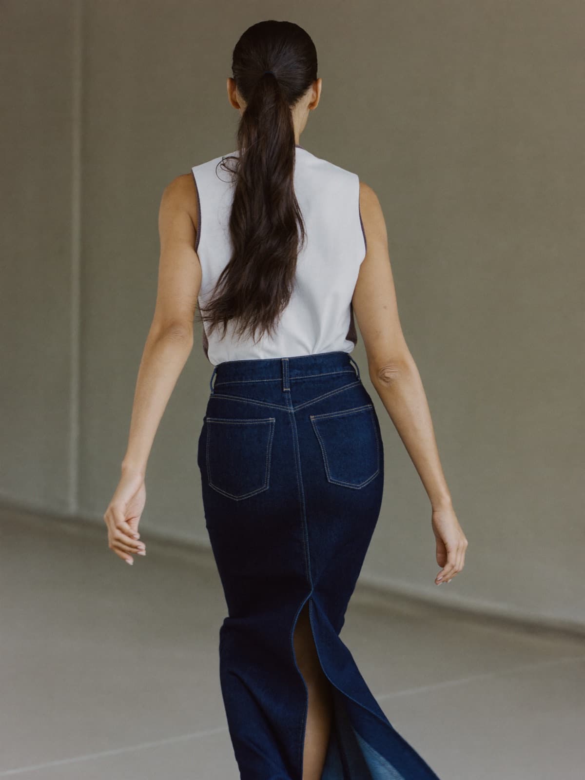 Juna Denim Skirt in Vintage Indigo, worn on location