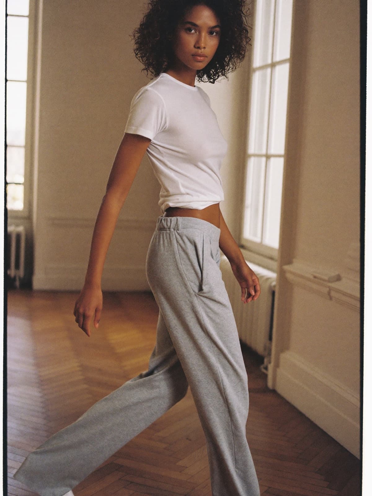 Kit Track Trouser in Grey Marl, worn on location