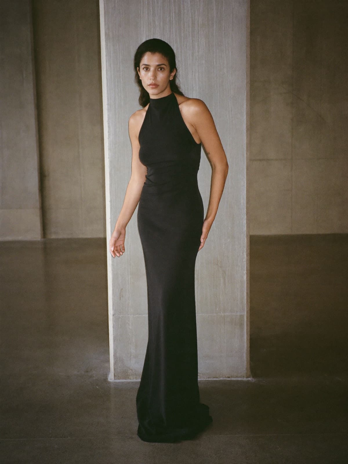 Marlowe Halter Maxi in Black, worn on location