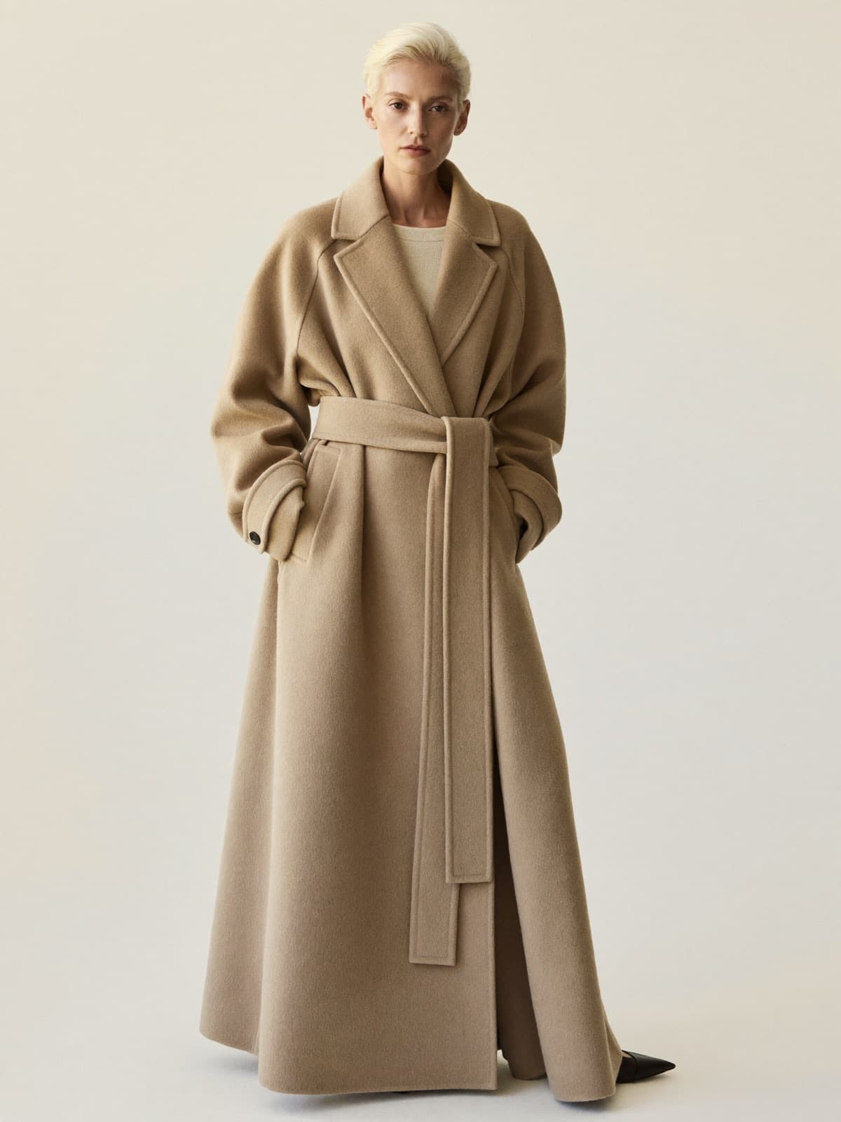 Maud Wrap Coat in Camel, front view