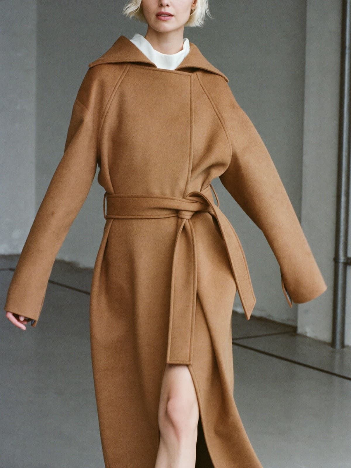 Maud Wrap Coat in Camel, worn on location