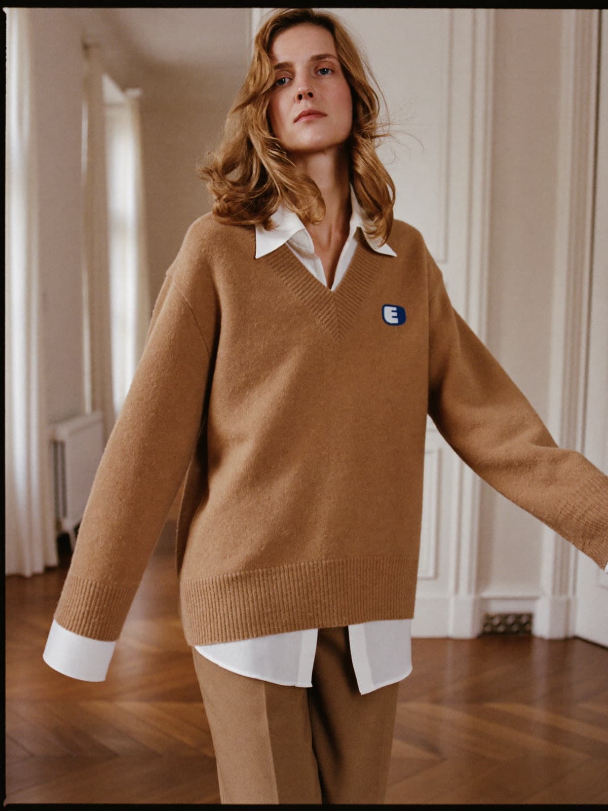 Mila Cashmere V-Neck in Camel, worn on location