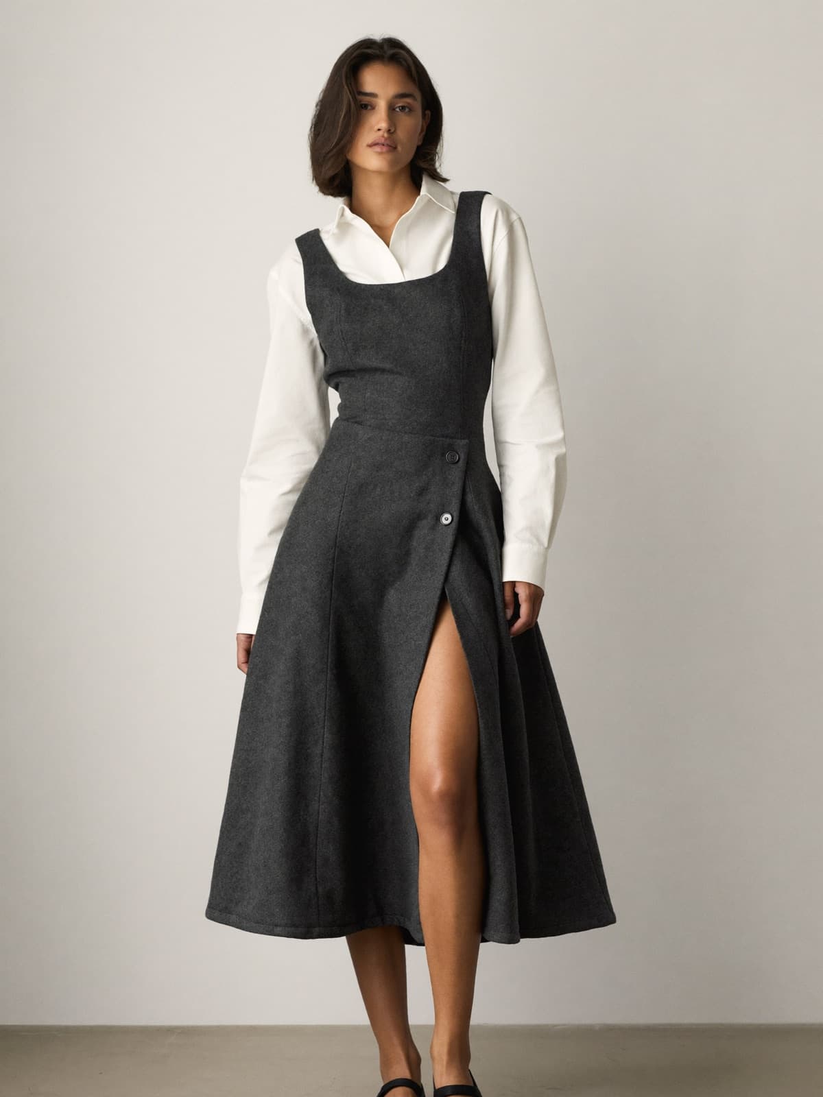 Mireille Pinafore in Charcoal, front view