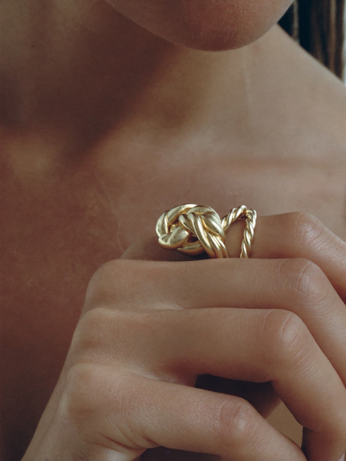 Nell Twist Ring in Gold, worn