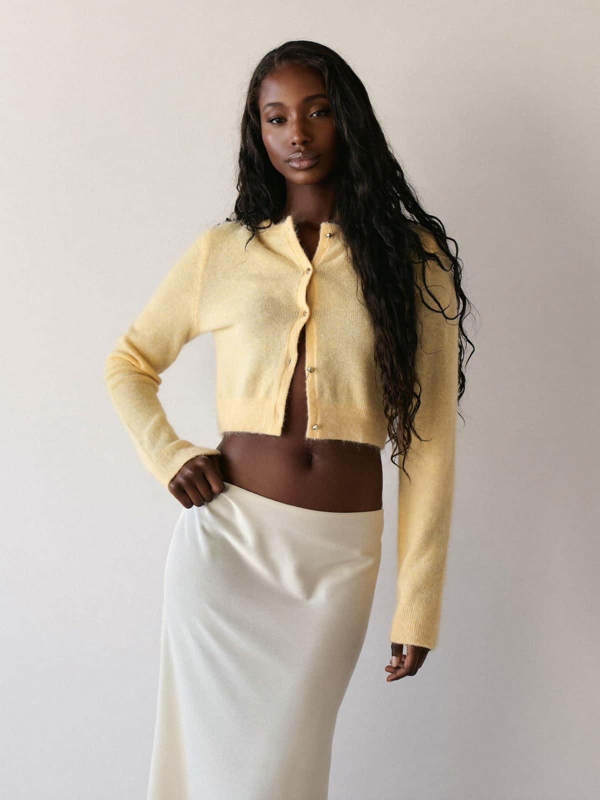 Nessa Mohair Cardigan in Butter Yellow, front view