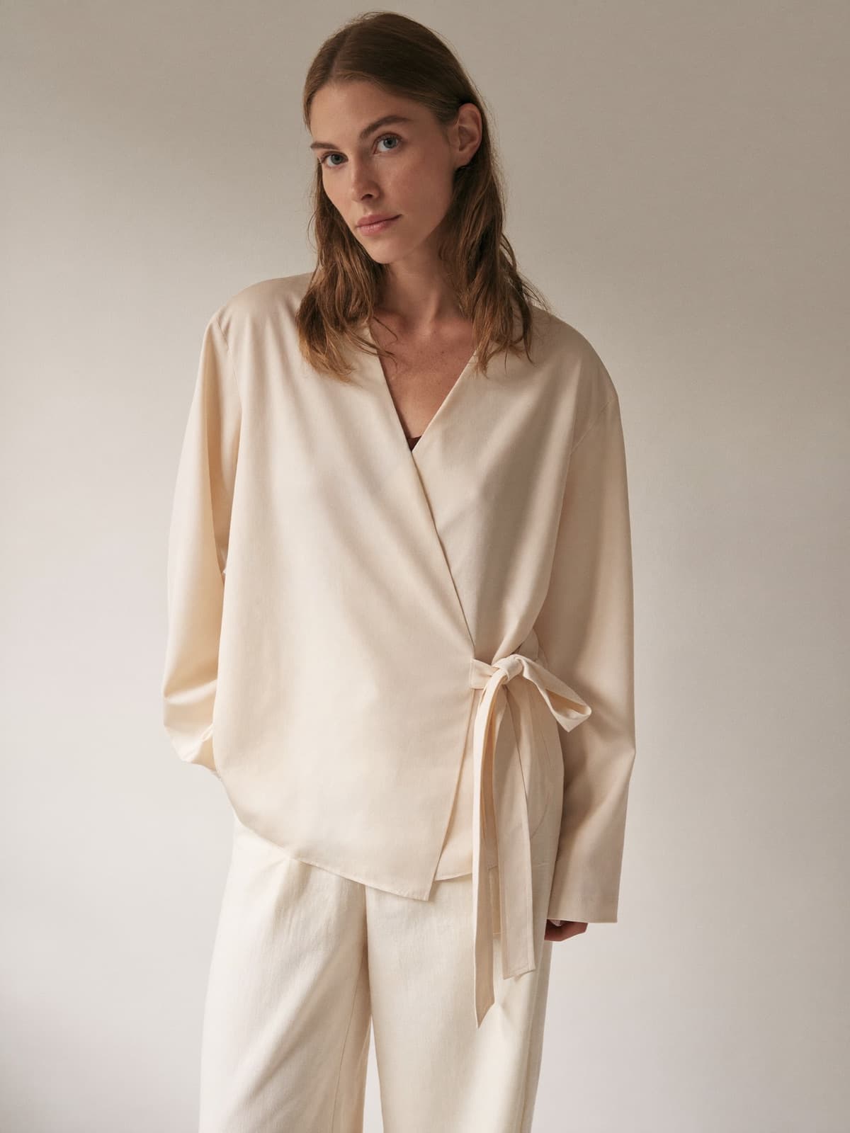 Neva Wrap Blouse in Champagne, front view