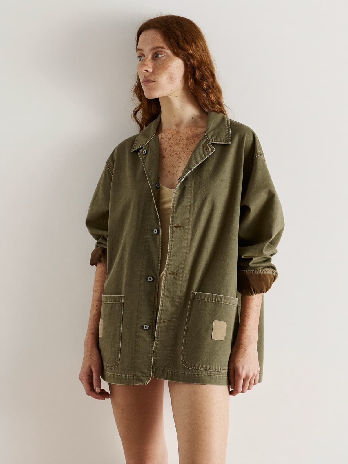 Nima Chore Jacket in Olive, front view
