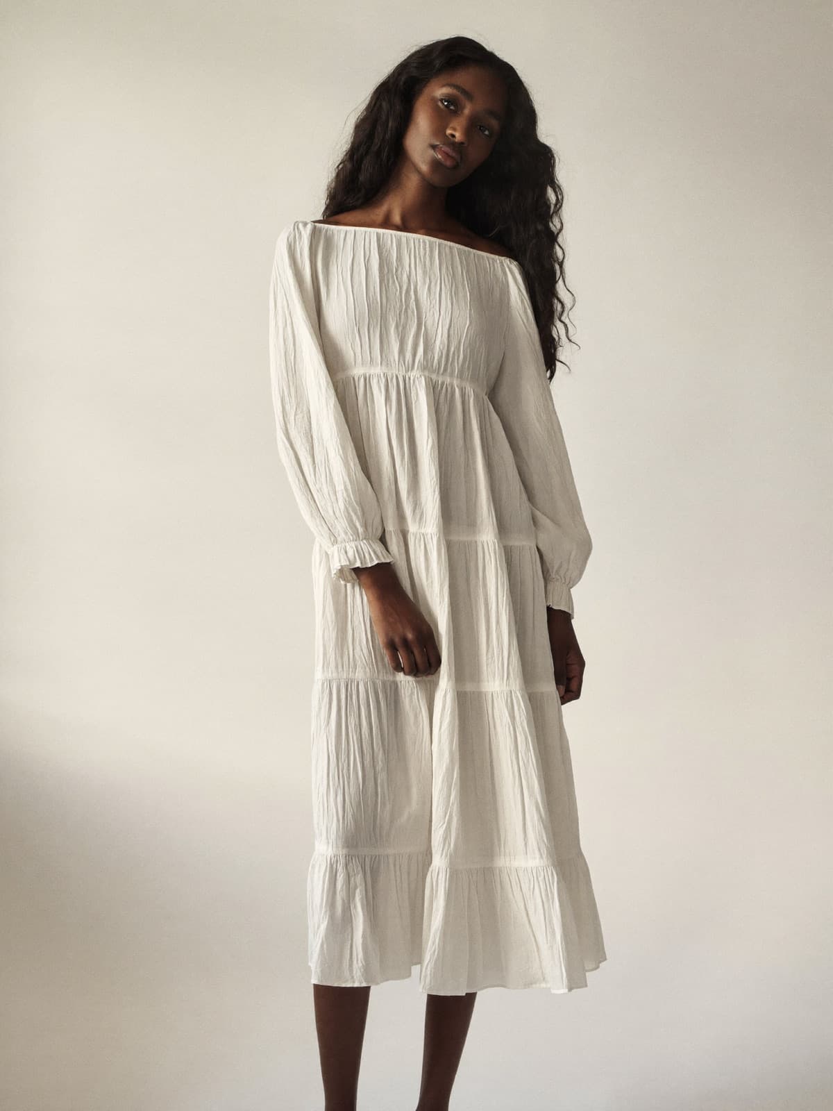 Noor Tiered Dress in White, front view