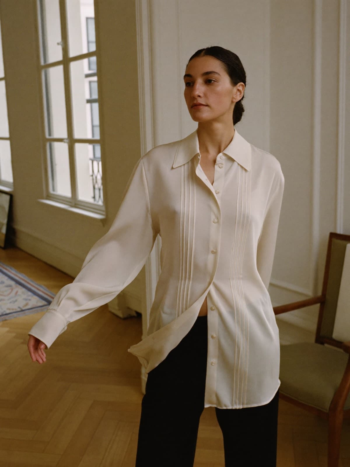 Odette Georgette Blouse in Ivory, worn on location