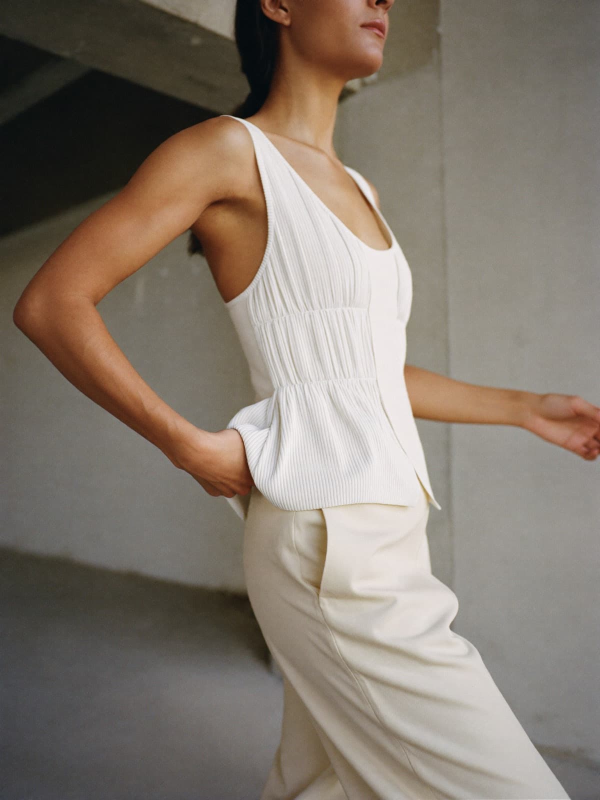 Orla Ribbed Vest in White, worn on location