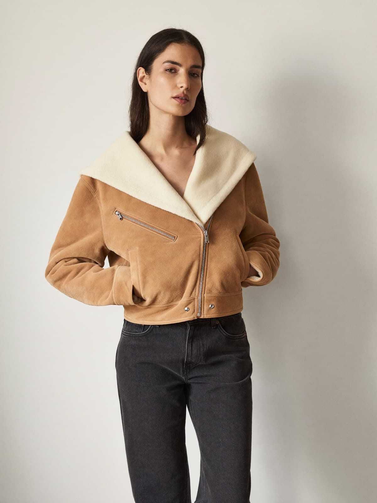 Orsa Shearling Jacket in Tan, front view