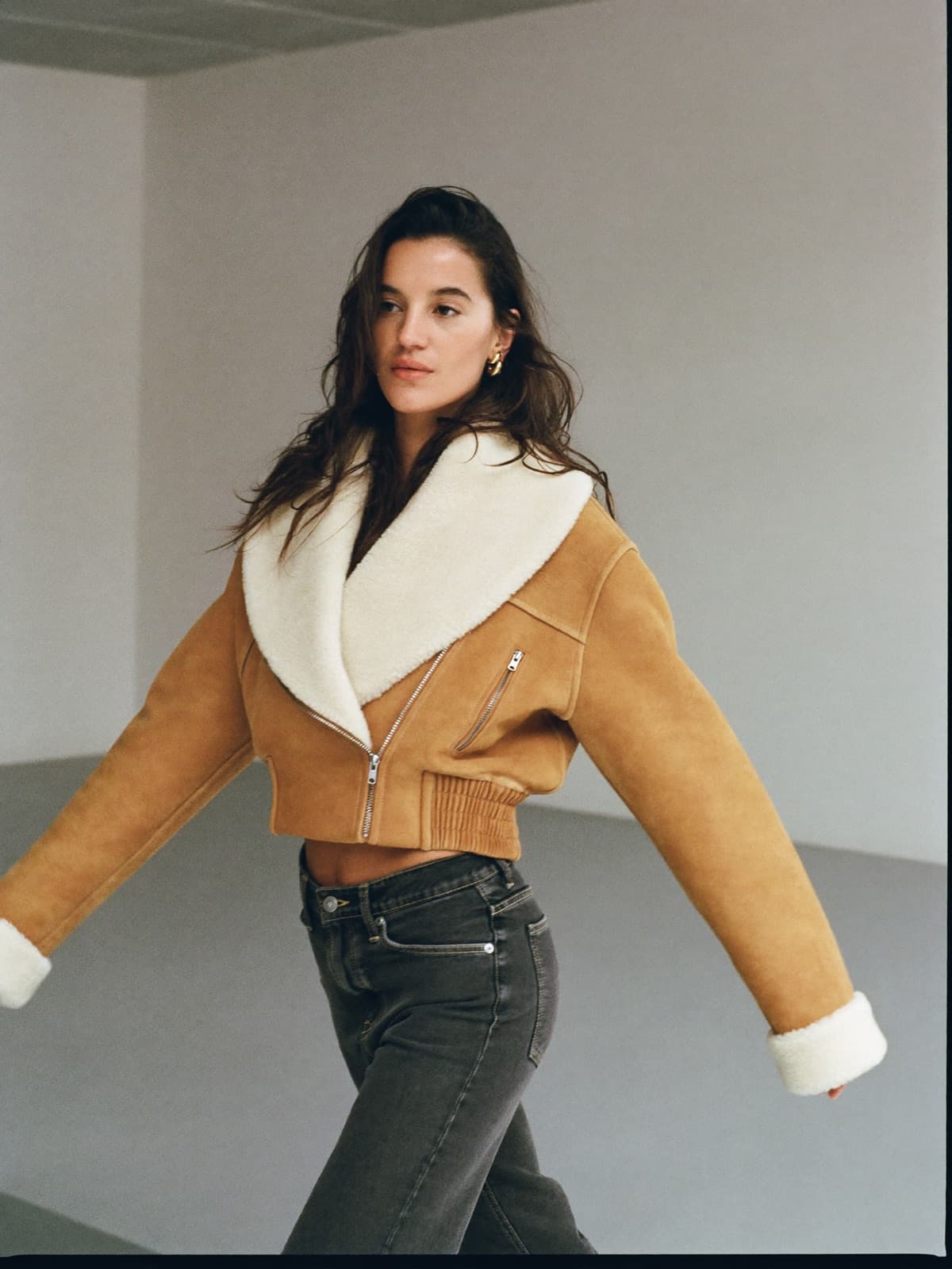 Orsa Shearling Jacket in Tan, worn on location
