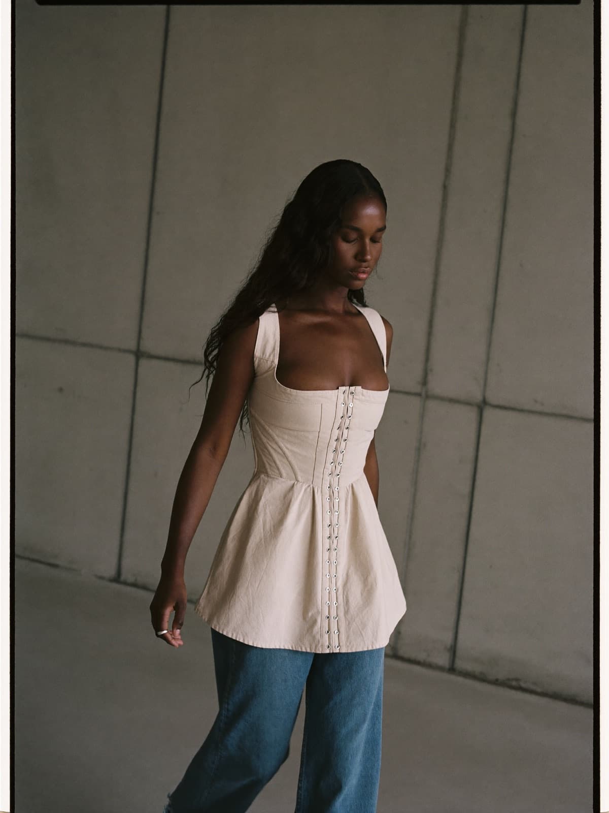 Paloma Corset Top in Ecru, worn on location