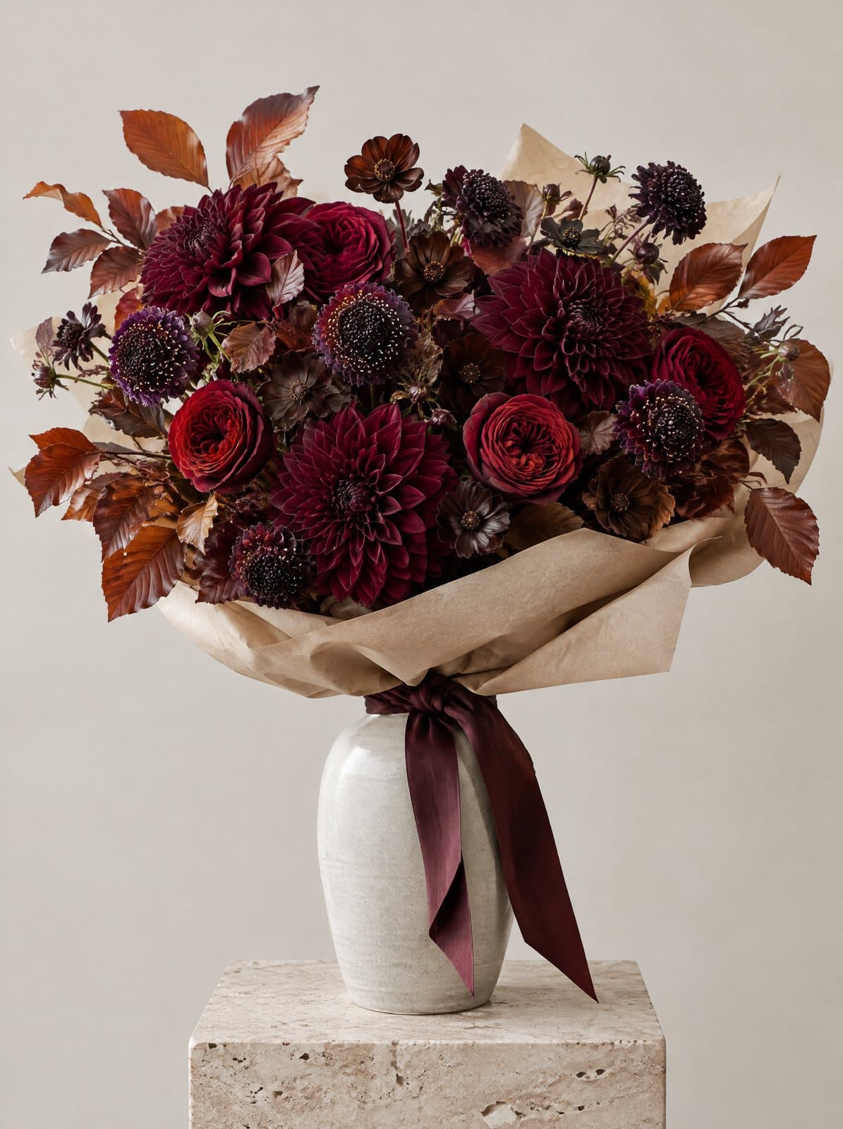 Oxblood Dahlia Bouquet, hand-tied