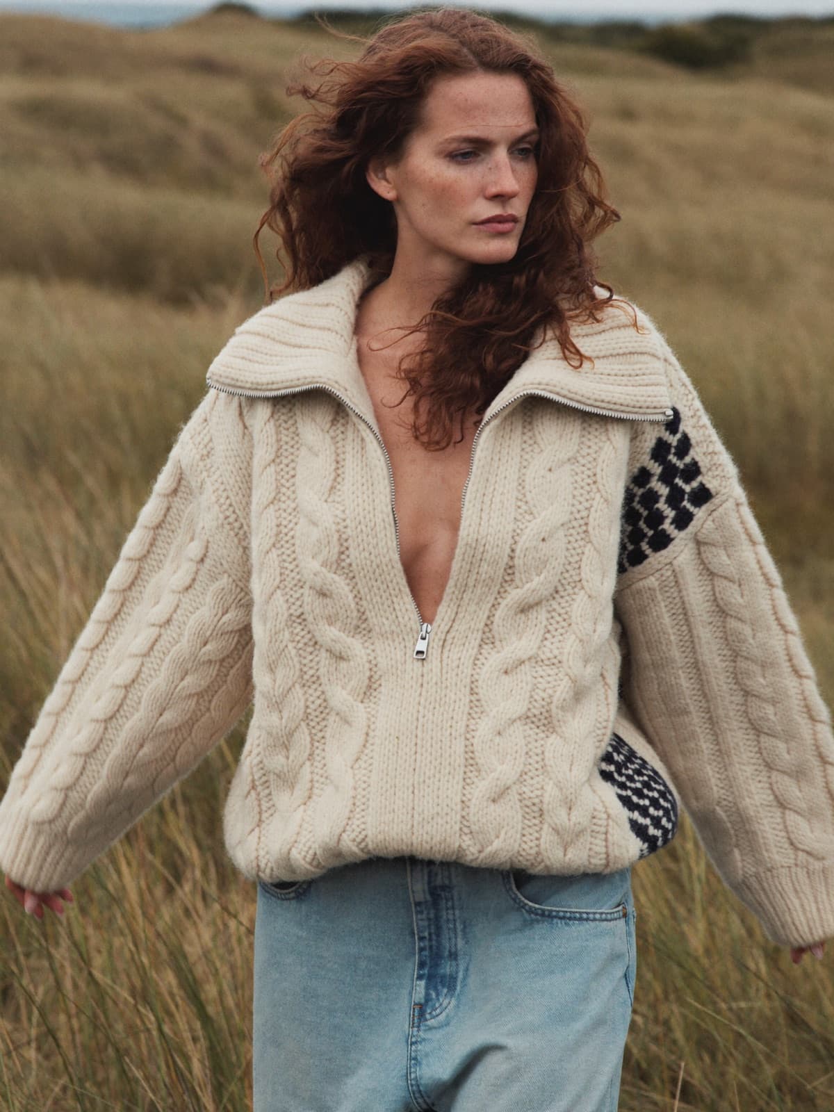 Petra Fisherman Jumper in Ecru, worn on location