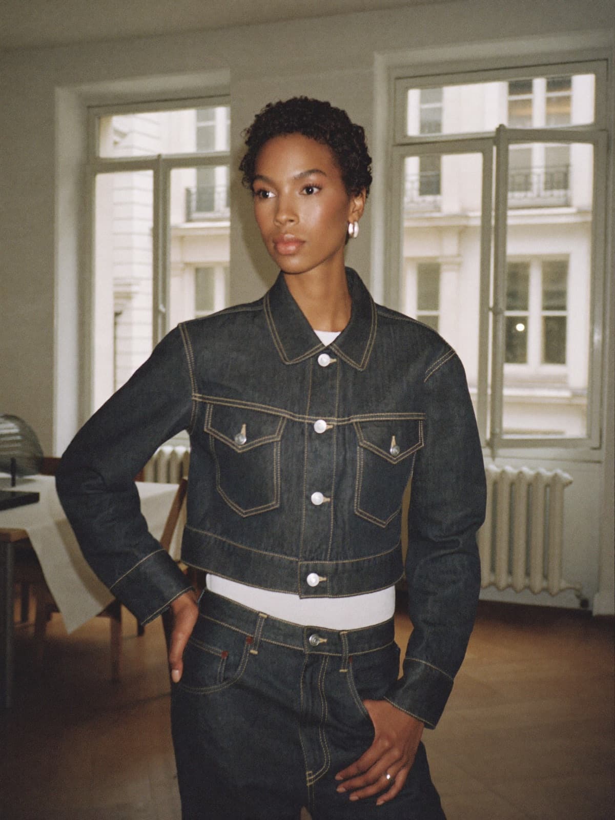 Pia Denim Jacket in Vintage Indigo, worn on location