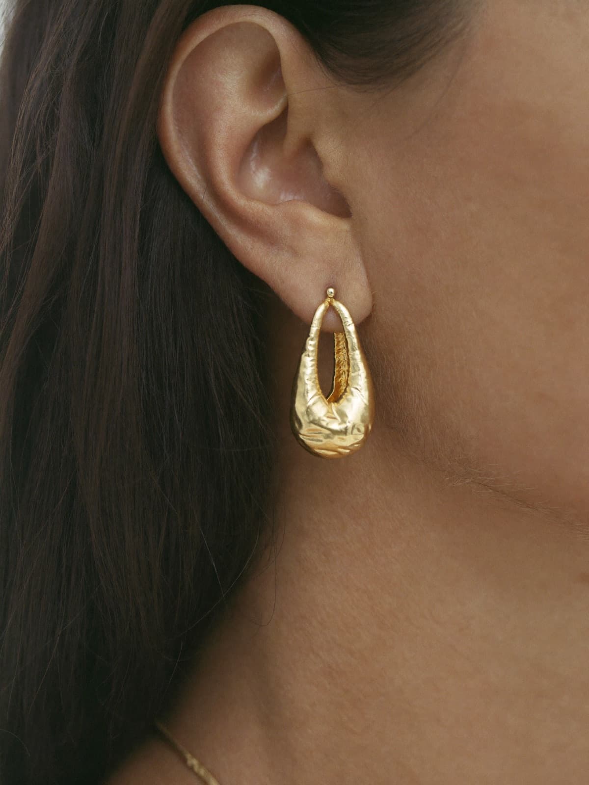 Plume Drop Earrings in Gold, worn