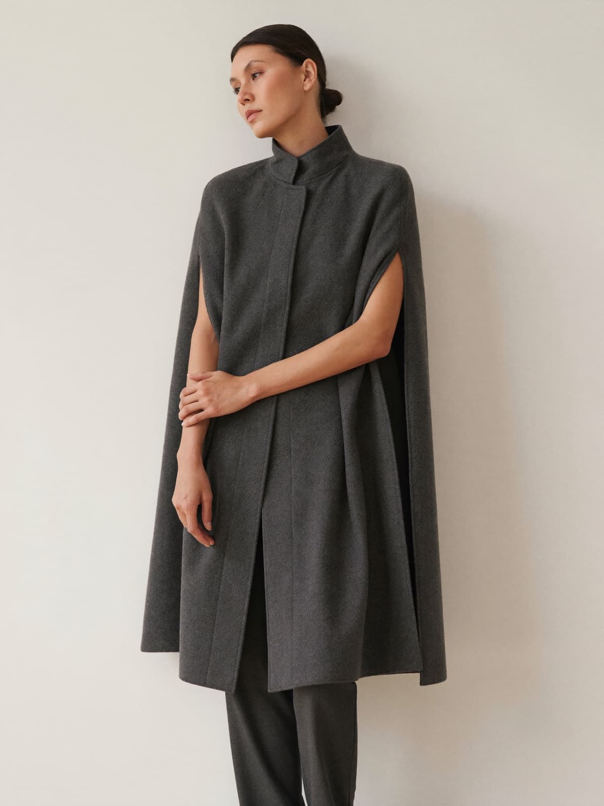 Quilla Cape Coat in Charcoal, front view