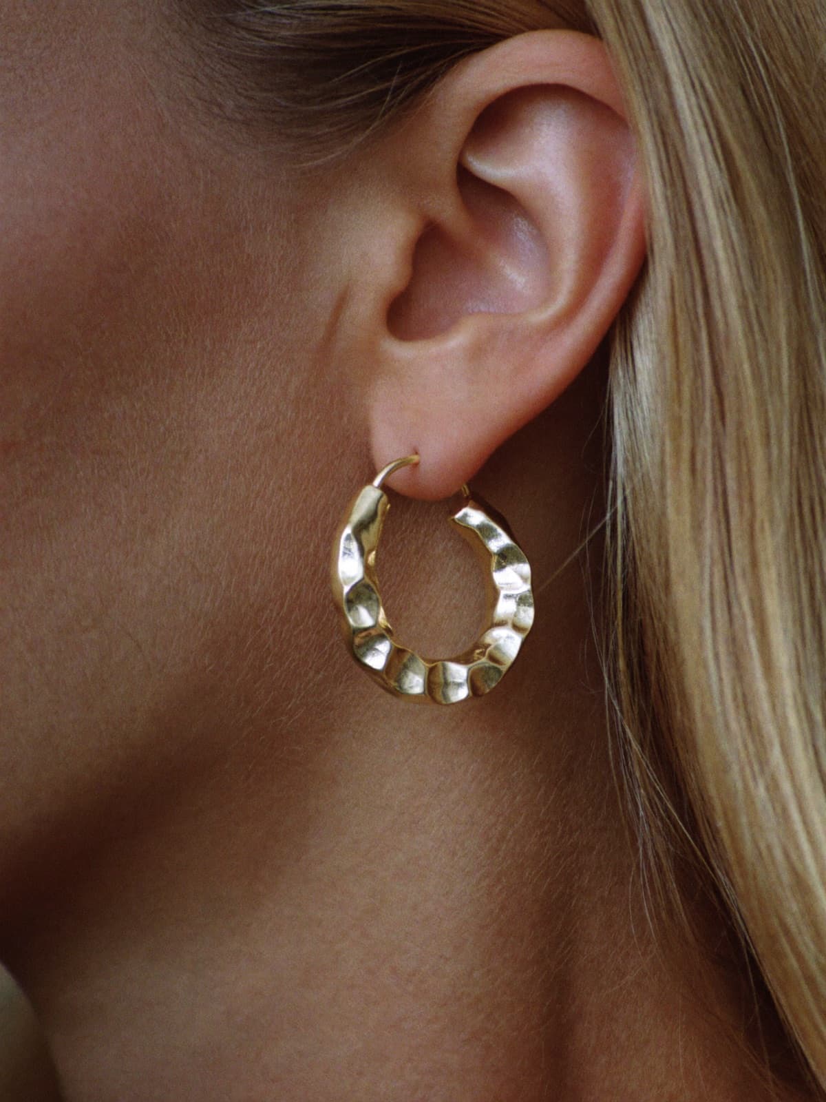 Ripple Textured Hoops in Gold, worn