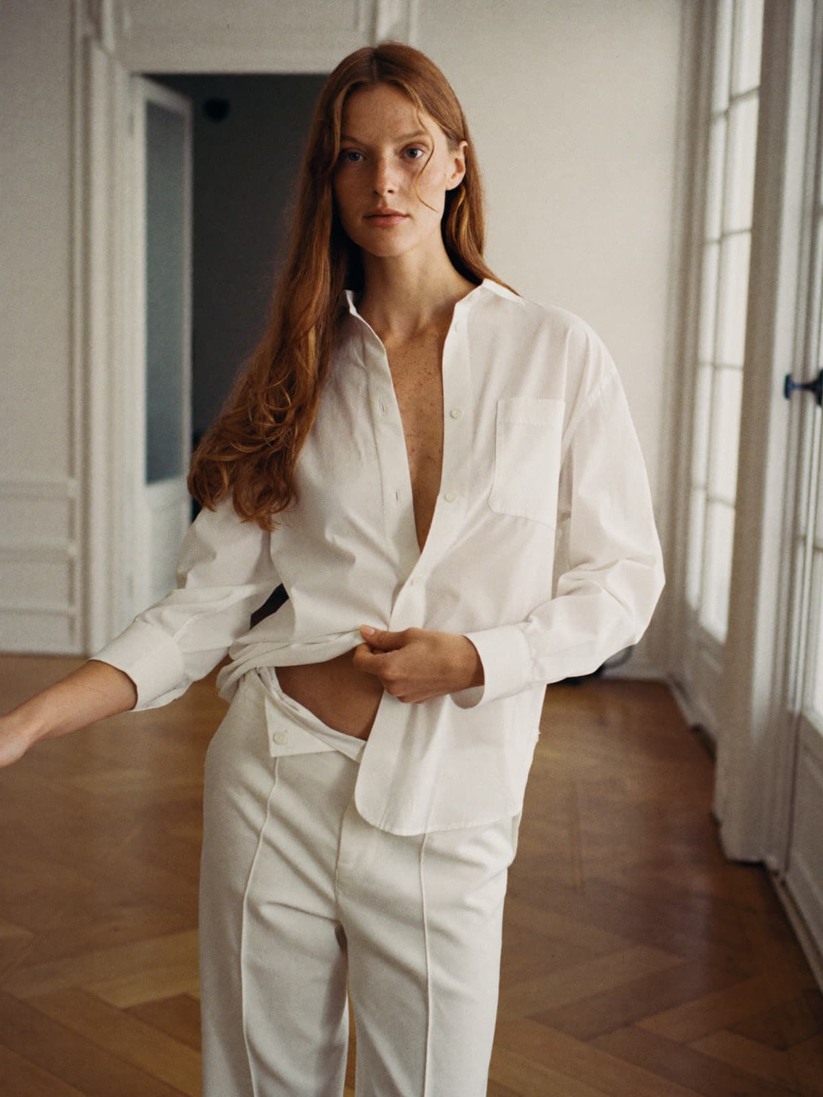 Romy Oxford Shirt in White, worn on location