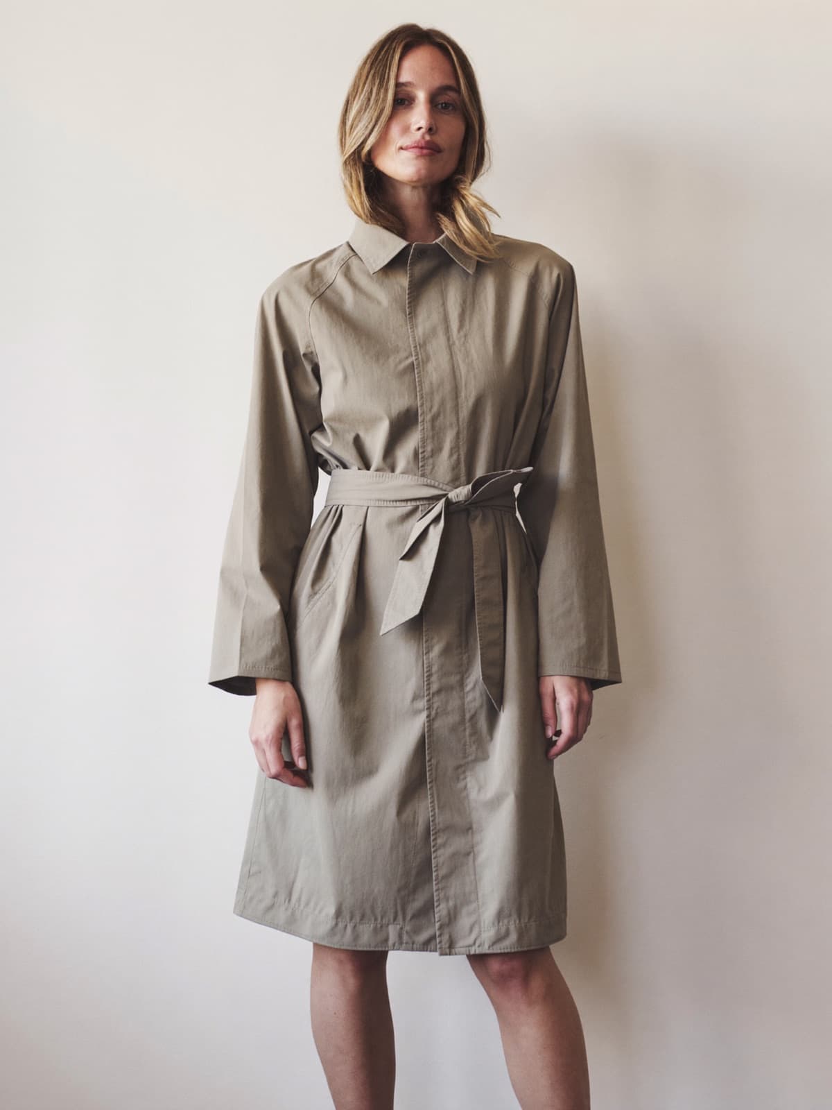 Rosa Belted Mac in Stone, front view