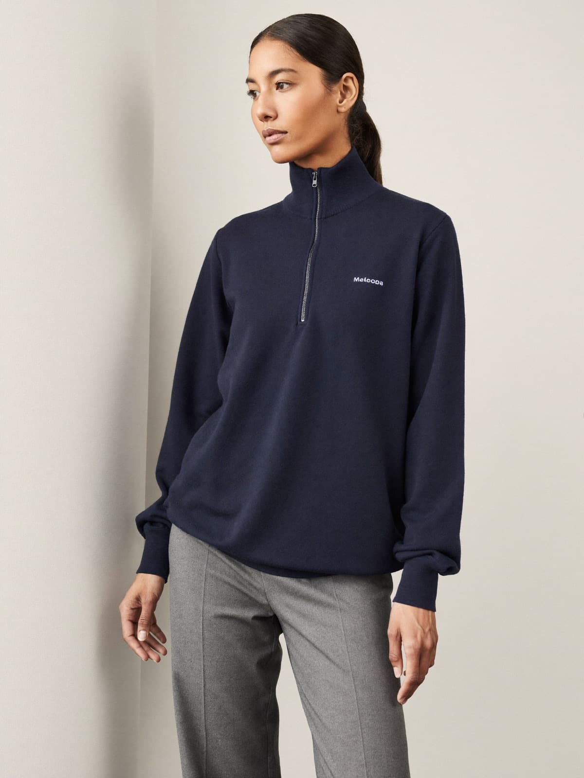 Runa Zip-Neck Jumper in Navy, front view