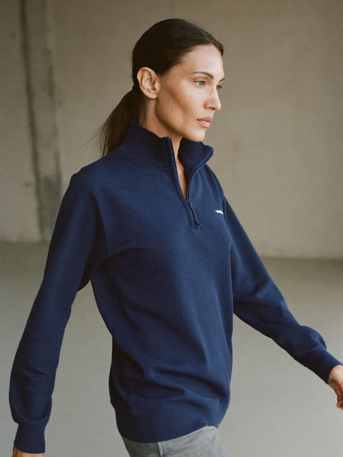 Runa Zip-Neck Jumper in Navy, worn on location